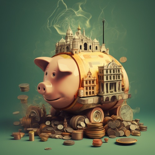 budget friendly piggy bank with coins below it and a castle on top of it