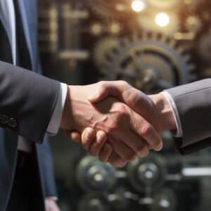 patent lawyer shaking hands with an inventor