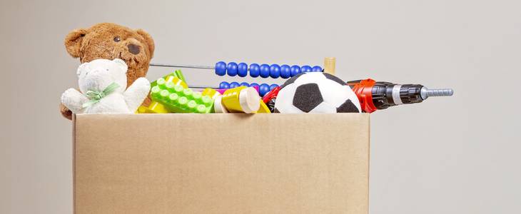Array of random toys and stuffed animals in a cardboard box