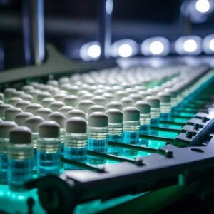 medicine being manufactured in a factory assembly line